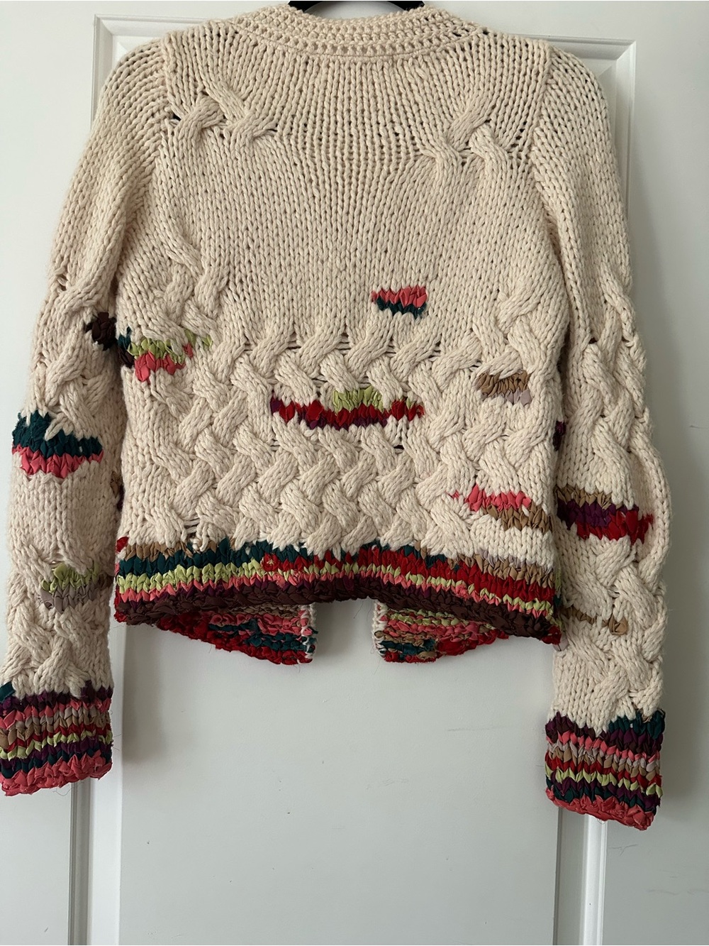 Cardigan Sweater - Cream Cable Knit with Multicolor Trim - Picture 4 of 4